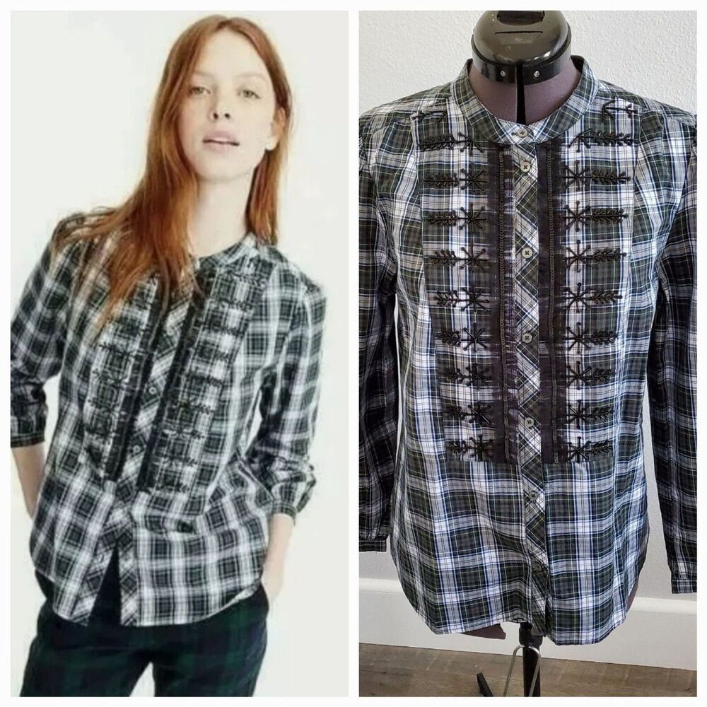 NEW J. Crew Women's Button-Up Shirt XS Green White Blue Plaid Embroidered Preppy